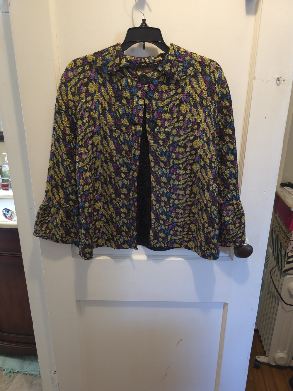 Multiples Black Jacket with Yellow, Purple & Blue Leaf Motif